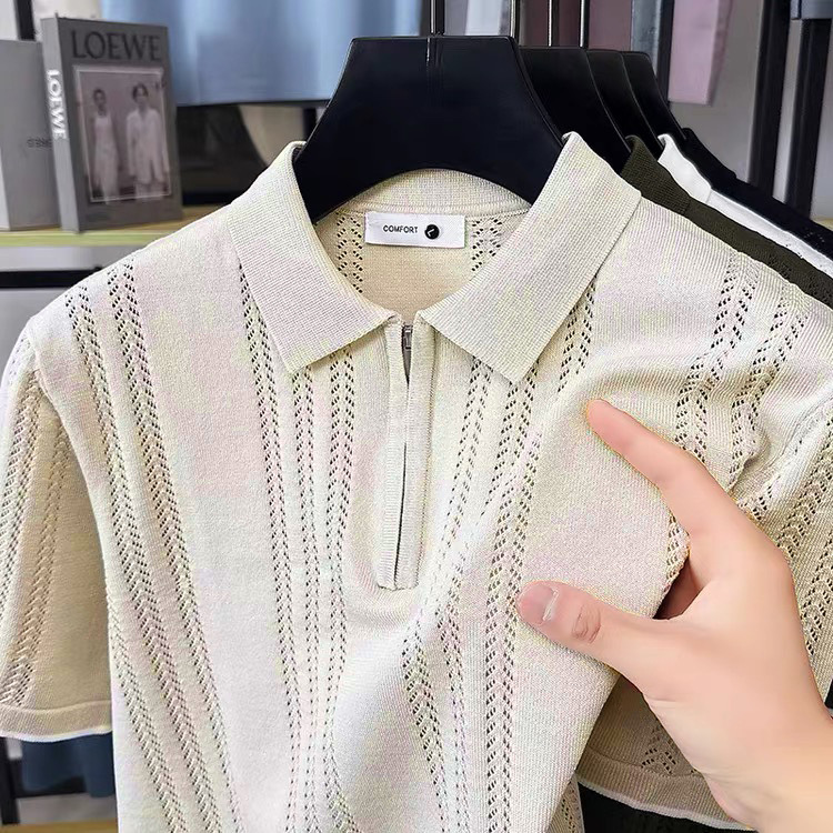 POLO suéter de punto de manga corta con solapa para hombre, verano, seda de hielo, rayas, color a juego, negocio, delgado, marea, comercio exterior, venta al por mayor transfronteriza