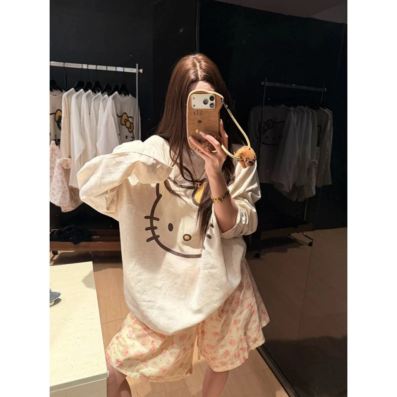 Dongroom2026 New Summer Style Cartoon Cute Kitten Print Long-Sleeved T-Shirt for Women Loose Slimming Cotton and Linen Sun Protection Clothing