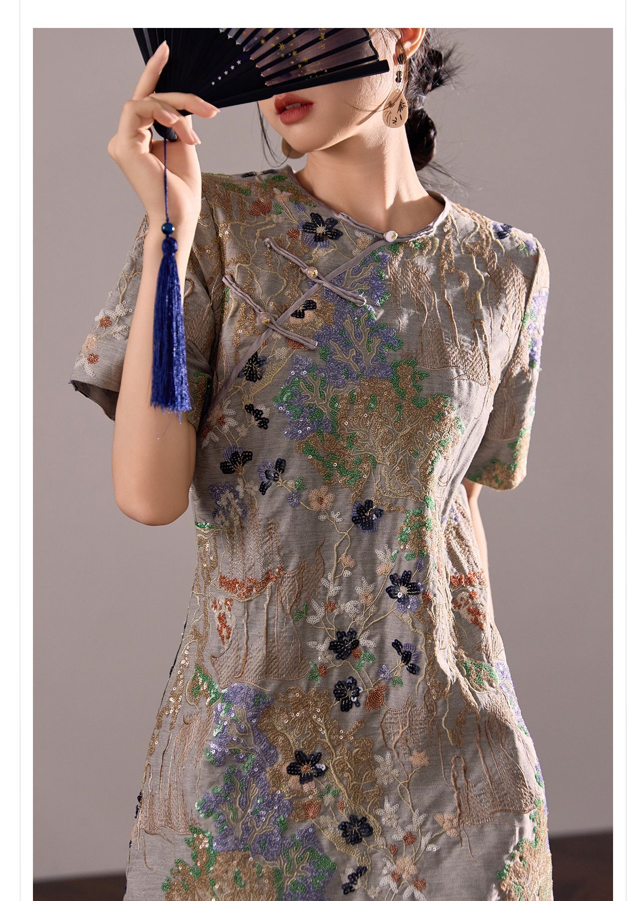 Váy ngắn thêu sequin phong cách Trung Hoa mới mùa hè M4239 — Màu xám chi tiết 11