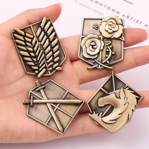 Movie and TV series themed pins, Attack on Titan series, multi-style brooches, metal pins with horsehair wings and sword designs.
