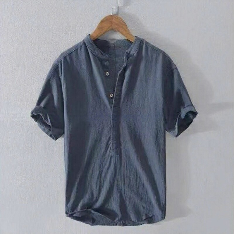 Cross-Border Men's Summer Solid Color Loose Cotton and Linen Short-Sleeved Men's V-Neck T-Shirt Shirt Casual Linen Tops Clothing Men's Clothing