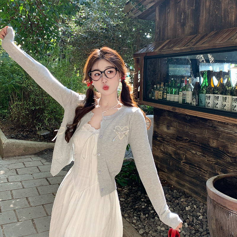 Cardigan with Sling 2025 New Early Spring Wear Short Knitted Jacket Grey Short Outer Wear Nice Top