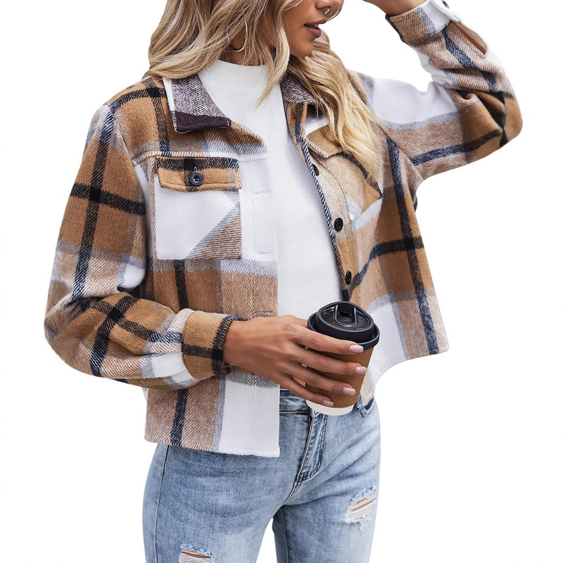 2024 European and American Cross-border Amazon Autumn Coat Top Women's Flannel Short Jacket Plaid Button Shirt