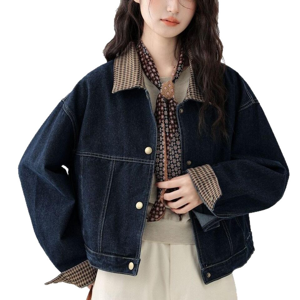 Áo khoác denim nữ ngắn phối caro cổ ve áo tay dài — màu xanh (chất lượng cao)