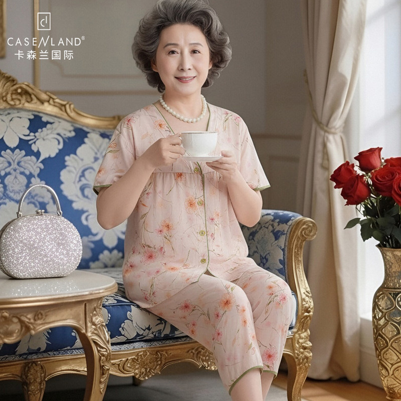 Middle-Aged Women's Floral Pajamas 2026 Summer New Style 100% Lyocell Cool Thin Short-Sleeve Three-Quarter Pants Loungewear