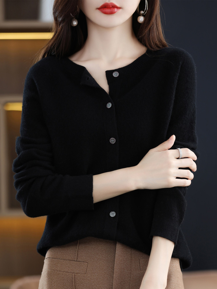 Cárdigan de Punto de Lana para Mujer Lana Cuello Redondo, Manga Larga para Otoño e Invierno