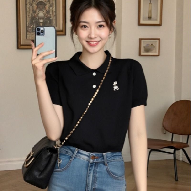 Casual Elegant Polo Collar Cartoon Embroidered Knitwear Short-Sleeved Summer New Style Light and Mature Style Work Clothing Versatile Top Casual Elegant Polo Collar Cartoon Embroidered Knitwear Short-Sleeved Summer New Style Light and Mature Style Work Clothing Versatile Top