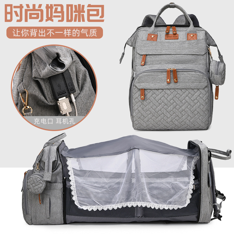 Cross-Border New Multifunctional Mommy Bag, Mother and Baby Outing Backpack, Large Capacity with Mosquito Net, Folding Bed, Baby Backpack