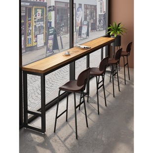 Bar Table and Chair Combination Industrial Style Iron Art Solid Wood Bar Tall Milk Tea Shop Cake Shop Wall Narrow Table 1201