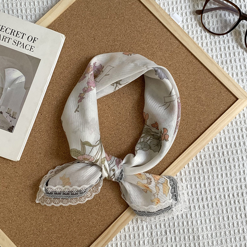 Bufanda de seda, bufanda cuadrada pequeña, sensación de alta calidad, nuevo pañuelo de encaje francés, diadema pastoral femenina de verano, cinta para el cabello atada