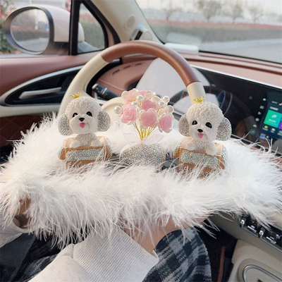 High-End Car Decorations for Female Drivers, Car ornaments - two-diamond-studded-crown-teddy-dogs-pink-rose-diamond-studded-ornament-large-plush-cushion