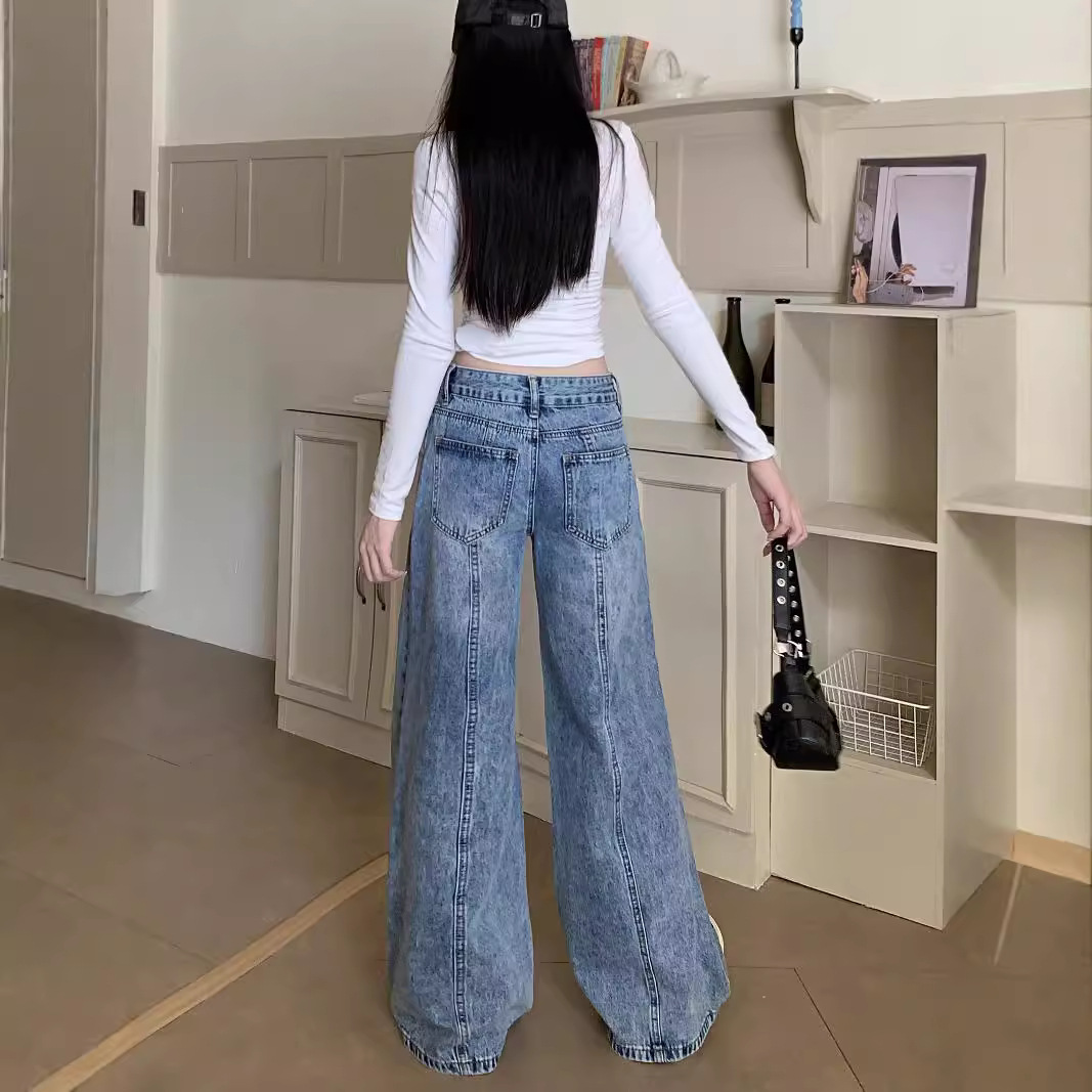 블루 플레어 청바지 여자 2025 년 봄과 가을 느슨한 슬림 넓은 다리 바지 레트로 하이 웨이스트 올 매치 걸레 바지