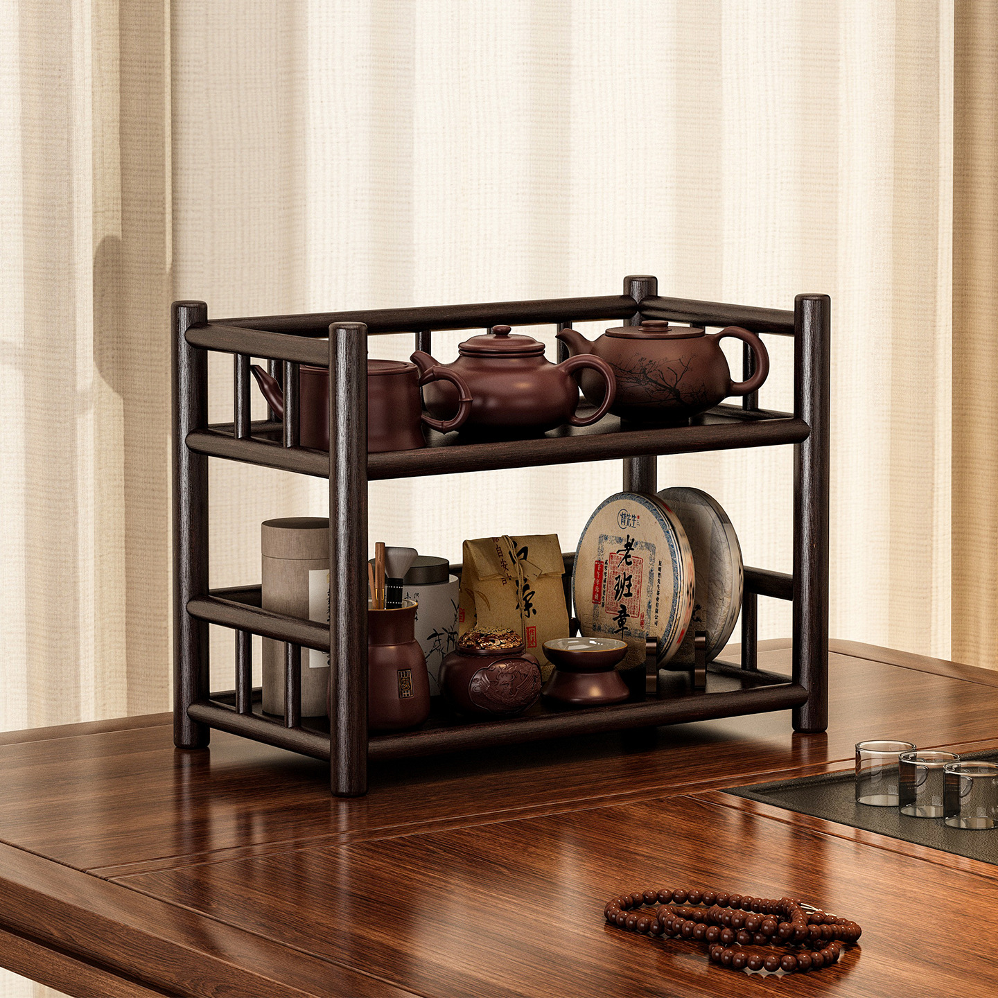 Desktop Display Shelf for Teacups, Small New Chinese-Style Countertop Storage Rack, Tea Table Purple Clay Teapot Ornament Display Stand