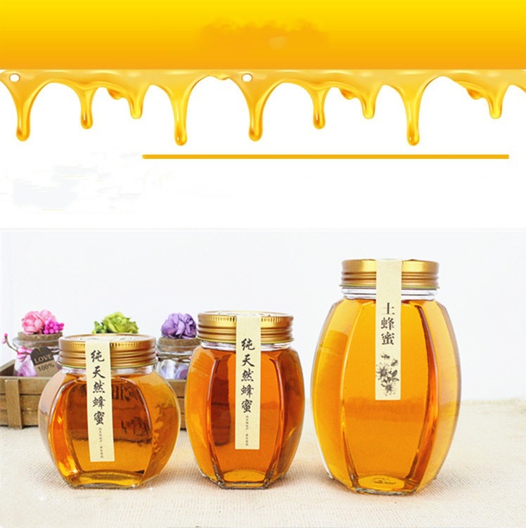 现货供应 1斤 2 斤装蜂蜜玻璃瓶 扁6棱大肚蜂蜜玻璃瓶 酱菜瓶 罐