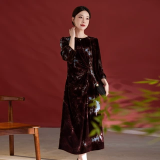 法式长袖拼接扎染真丝丝绒连衣裙女秋季新款优雅轻奢中长款女1373