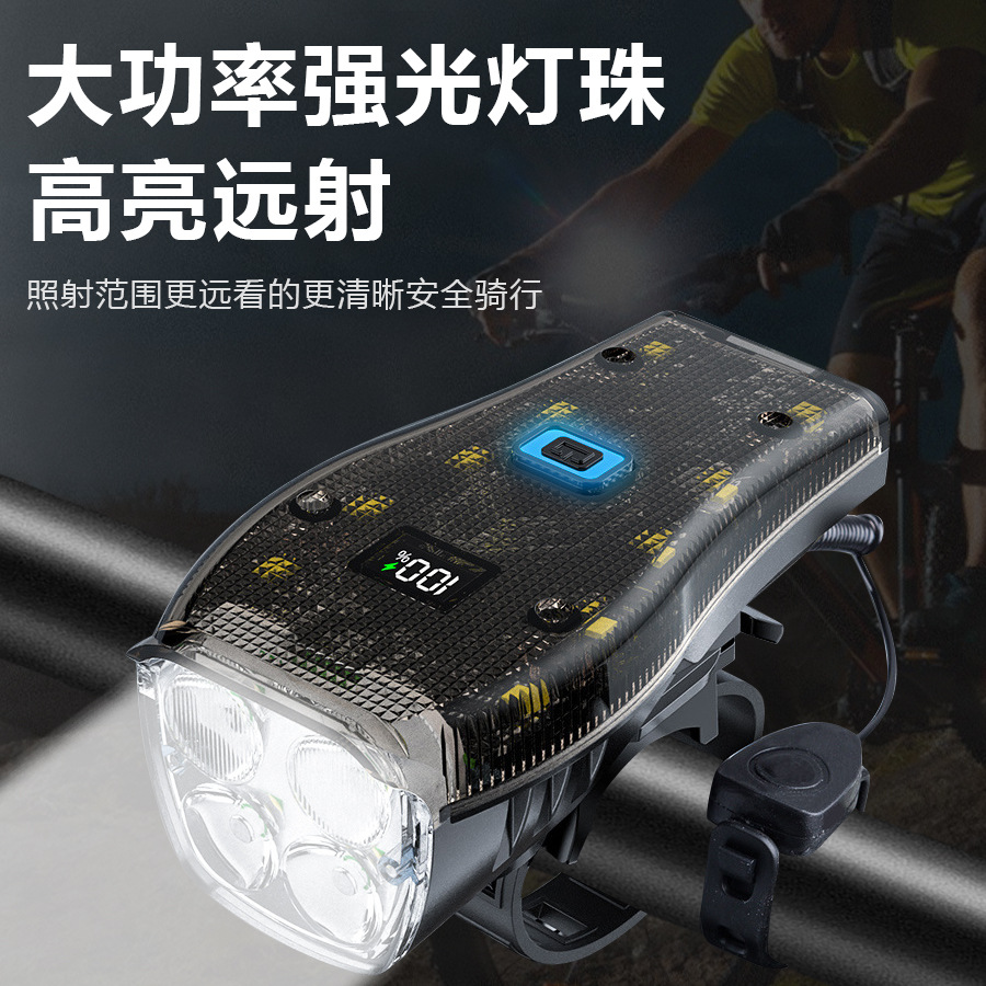 Luz delantera de bicicleta transfronteriza con caja transparente fresca con altavoz de montaje nocturno con pantalla digital Luz de bicicleta multifuncional