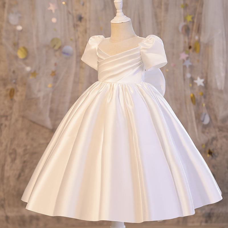 Foreign Trade Girls Dress Flower Girl Wedding White Princess Dress Satin Catwalk Piano Performance Wedding Dress Children's Dress