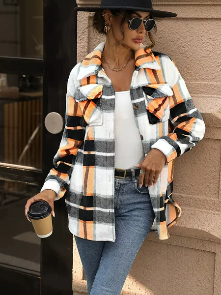 Cross-Border European and American Clothing Amazon 2025 Autumn and Winter Long-Sleeved Plaid Cashmere Flap Pocket Pants Lapel Loose Jacket for Women