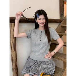 OEM加工针织短袖2026新款夏季外搭修身灰色T恤女早春韩系穿搭上衣