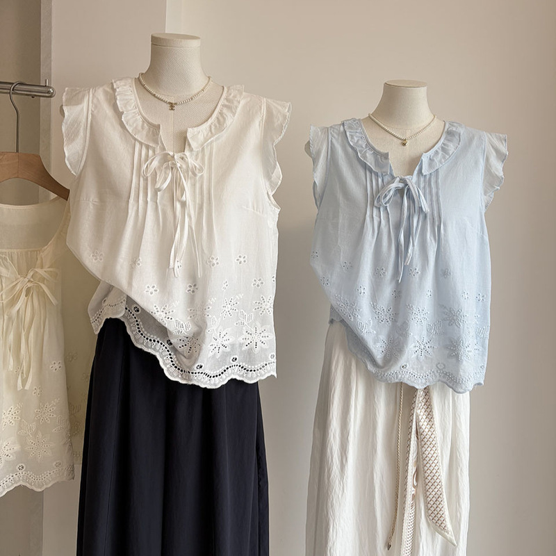 [Bizheng] 2026 Summer New Korean Style Ruffled Round Neck Pleated Doll Shirt Hollow-Out Sleeveless Shirt for Women 6773
