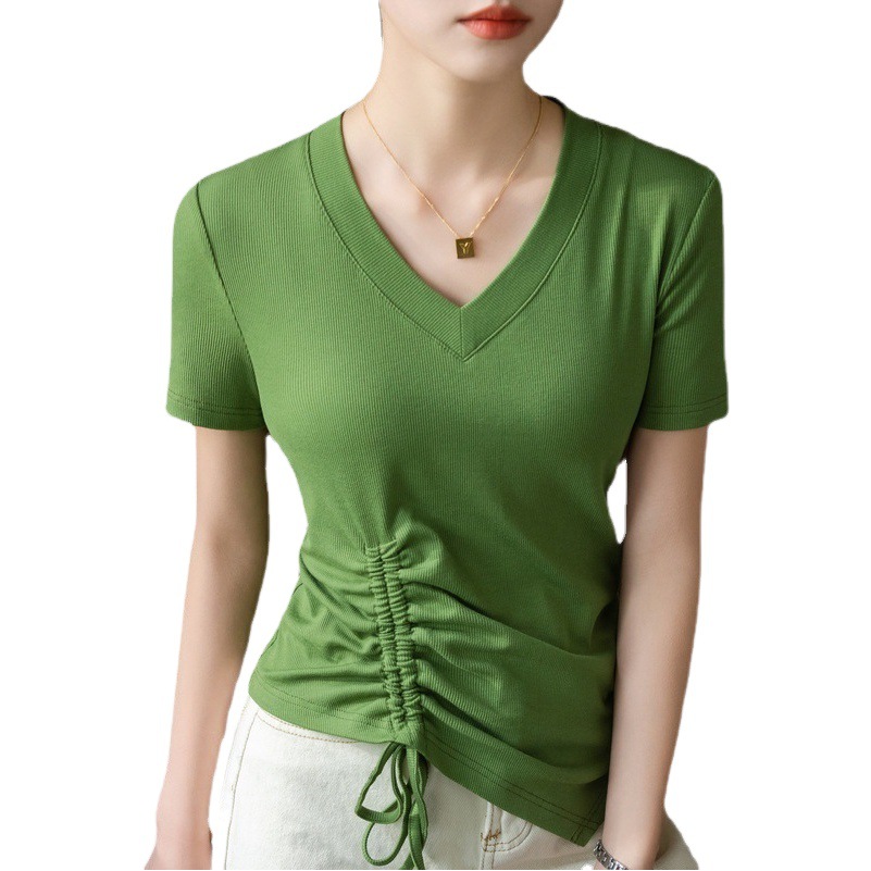 Camiseta de manga corta para mujer verano 2023 nueva camiseta de hilo con cuello en V de ala ancha para mujer retro cordón plisado cintura superior