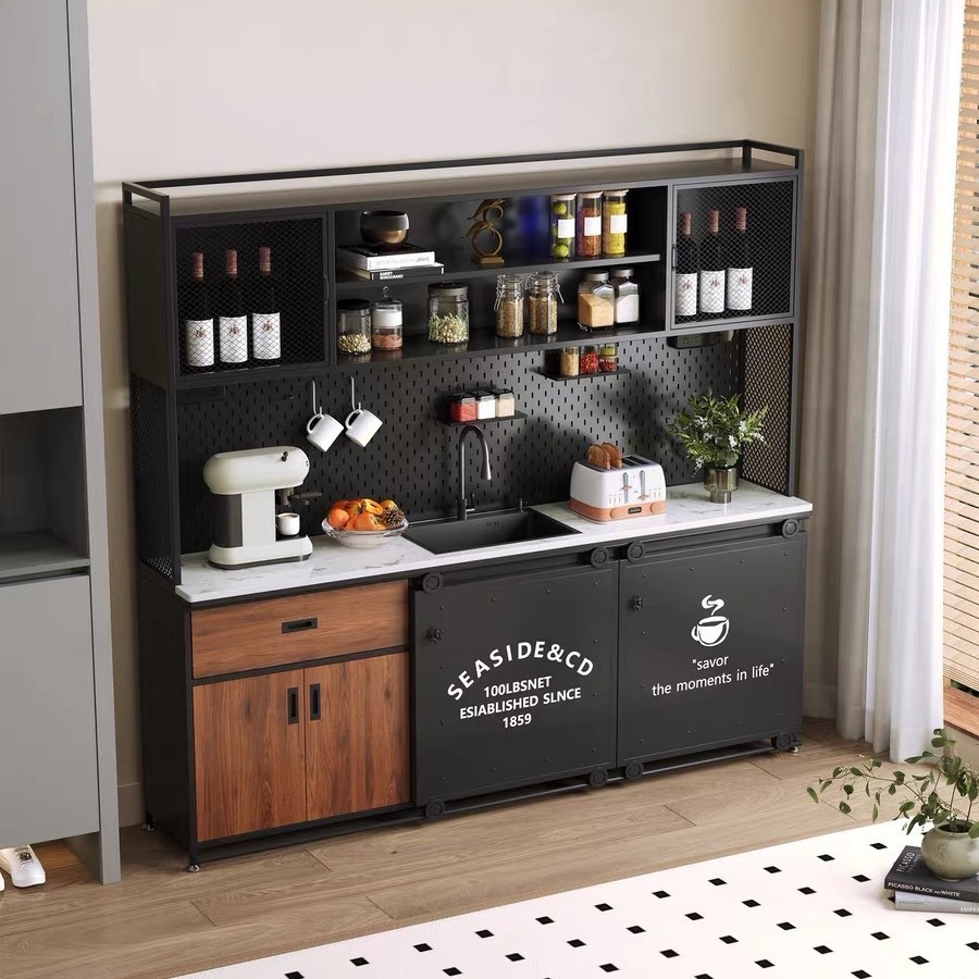 Iron Slate Sideboard Integrated Wall High Cabinet Office Industrial Style Tea Cabinet Kitchen Restaurant Storage Cabinet