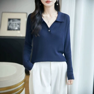POLO领半开针织衫女秋季新款套头长袖毛衣抽条修身女装显瘦上衣