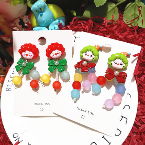 手作反斗马戏团小丑搞怪泡面头小丑磨砂串珠卡通925银耳环耳饰女