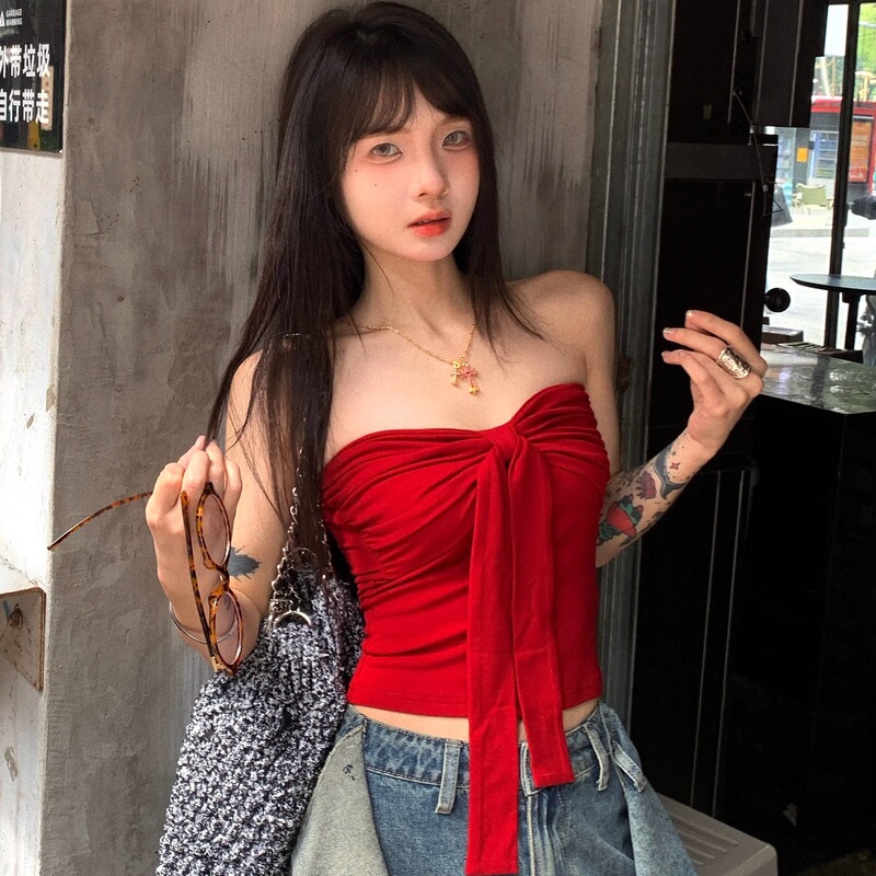 Summer Explosions Pure Desire Hot Girl Style Personality Design Pleated Tube Top Women's All-match Slim-fit Short Top