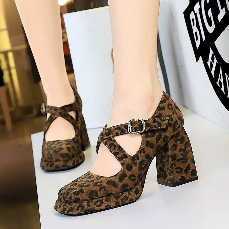 Thick Heeled New Mary Jane Evening Shoes Cross French Square Toe Niche Red Single Shoes Vintage 2025 Shallow Women's Shoes