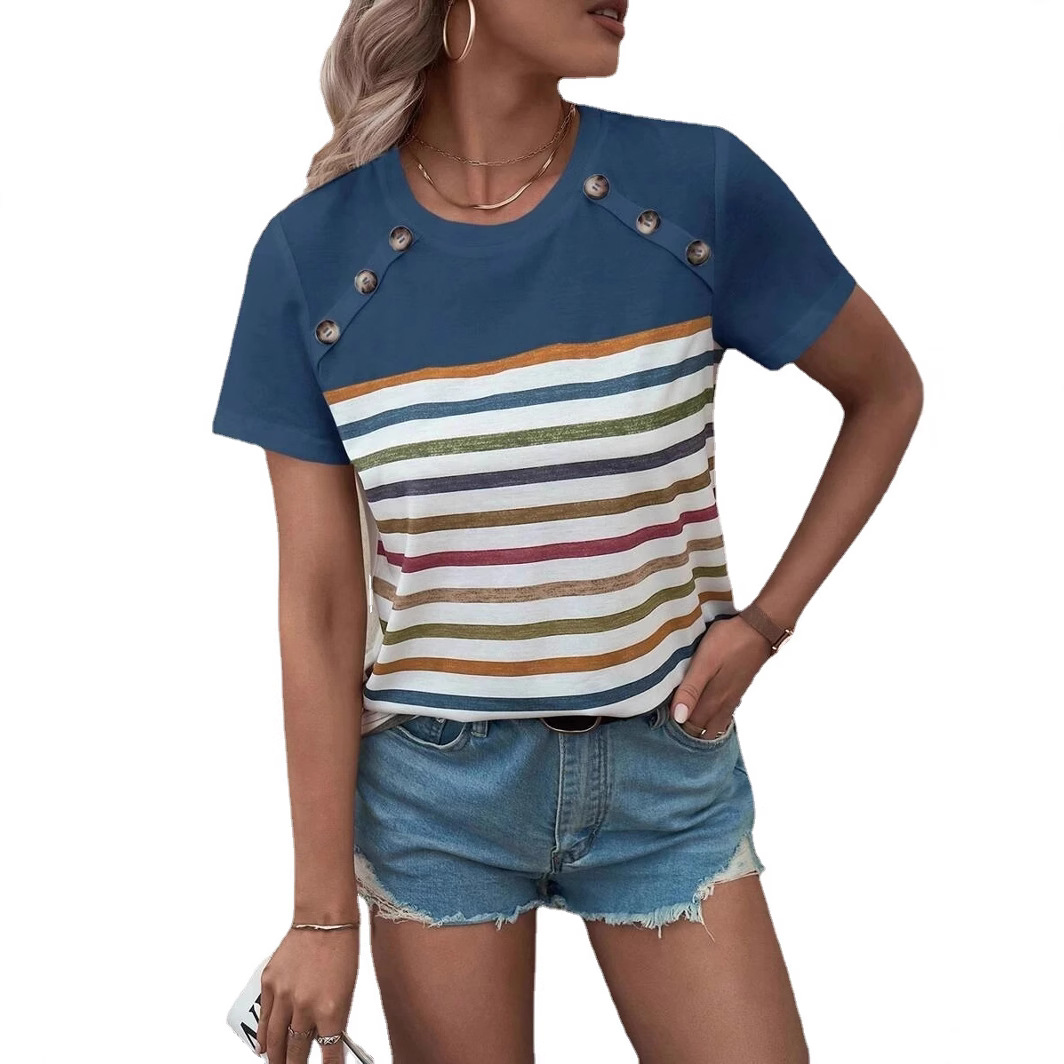 Blusa Casual de Verano para Mujer, Estilo Europeo y Americano, con Estampado de Rayas y Botones, Manga Corta, Nueva Colección 2026