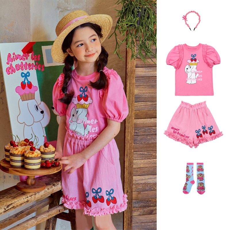 in stock! 25 summer BE new girls cotton T-shirt Korean cute sweet cartoon pattern top shorts