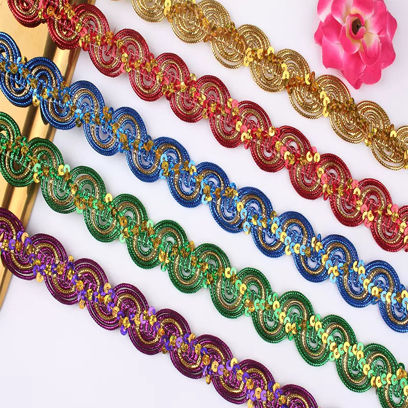 厂家批发财金窗帘花边 批发彩色花边 服装辅料大弯亮片金色花边