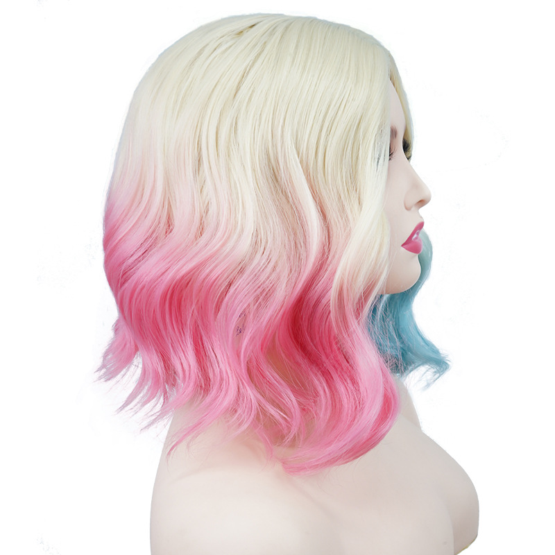 Perruque synthétique en fibre de cosplay pour Halloween, cheveux courts et bouclés colorés, ensemble de tête complète_voghion.com