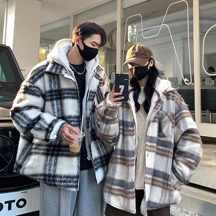 Otoño e invierno nuevo estilo americano falso abrigo a cuadros de dos piezas estilo masculino estilo nacional de moda engrosamiento cálido abrigo de lana retro con capucha