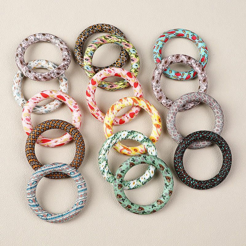 Cross-Border Wholesale 65mm Water Transfer Flower Silicone Rings DIY Keychain Accessories Circle Beads Loose Beads Customization