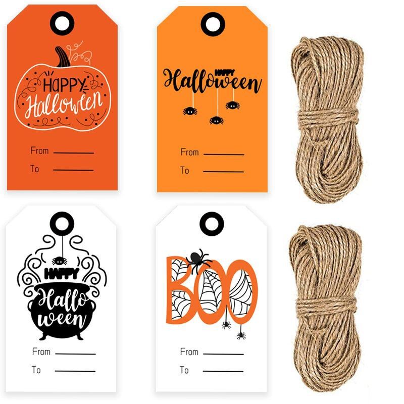 亚马逊白牛皮HALLOWEEN万圣节吊卡纸标签配麻绳100个/包