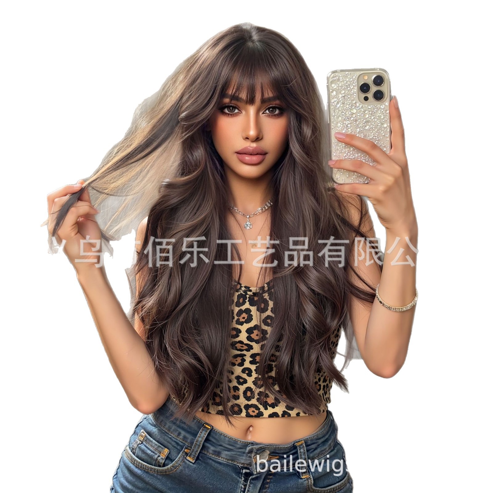 Nuevo estilo transfronterizo peluca marrón 26 pulgadas Qi flequillo pelo largo y rizado cubierta de cabeza completa fibra química mujer hair Europa y América spot image 6
