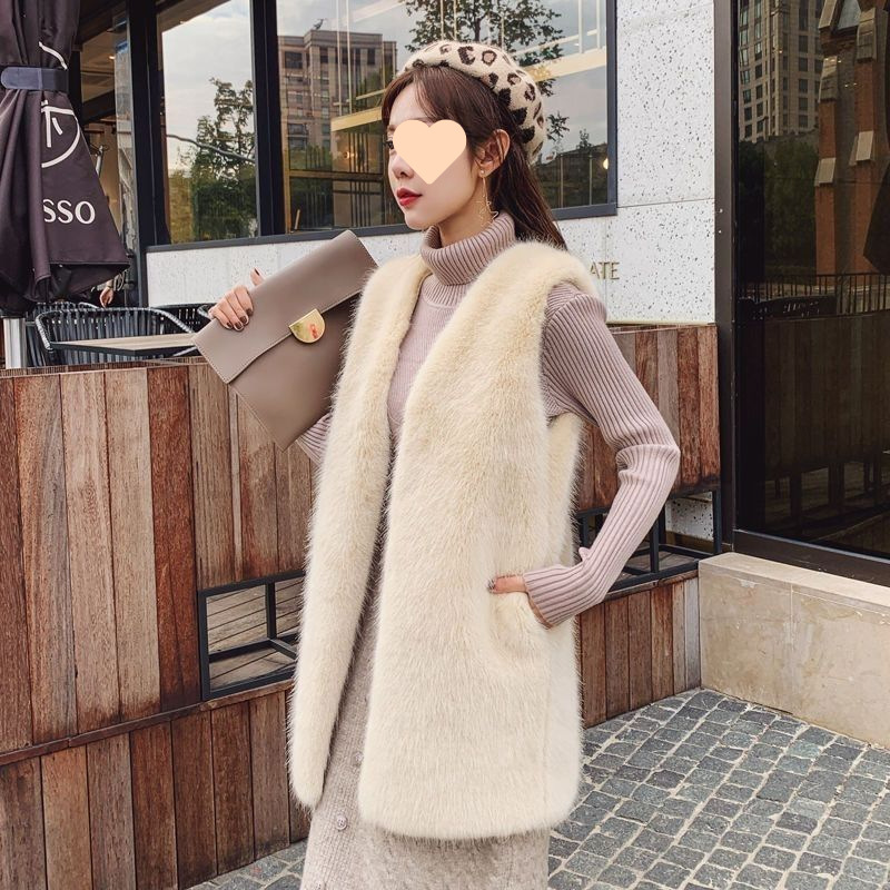 Mink Fur Autumn and Winter New Rex Rabbit Fur Vest Vest Imitation Fur Fur Vest Women's Mid-Length