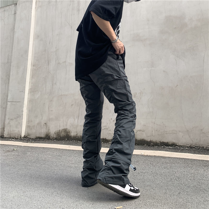 High Street Functional Vibe Style Folded Stacked Micro Horn Long Pants for Men's American Slim Fit Street Instagram Versatile Casual Pants_voghion.com
