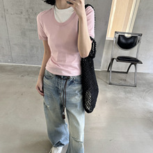 玟森online 韩系绵羊毛u领气质短袖针织衫女装百搭显瘦上衣女A530