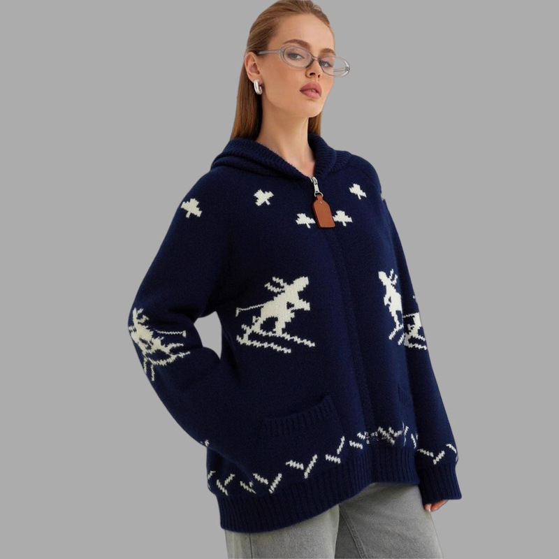 European and American Cross-Border Women's Retro Ski Jacquard Lapel Sweater Women's Autumn and Winter Thickened Zipper Knitted Cardigan Fair Isle