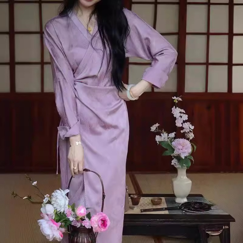 In Stock 2024 Spring and Summer New Chinese Style Light National Style Improved Cheongsam High-End Diagonal Lace Satin Dress for Women