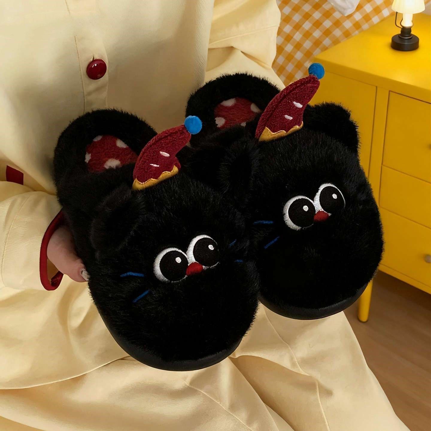 귀여운 고양이 털 겨울 슬리퍼 남녀공용 보온 거실화 실내화