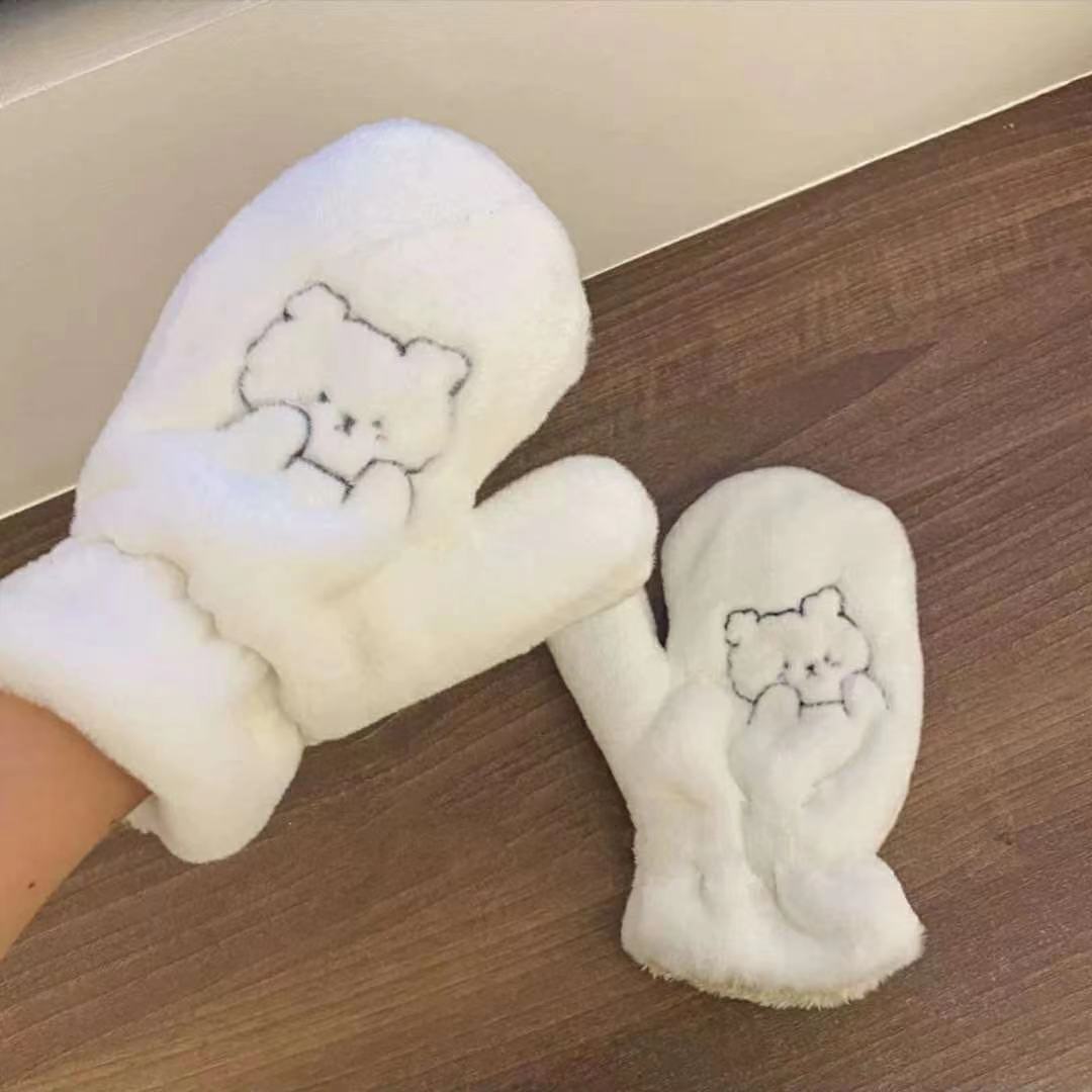 Estilo coreano chica lindo oso guantes de peluche invierno cálido forrado de lana engrosada estudiante lindo manoplas de dibujos animados