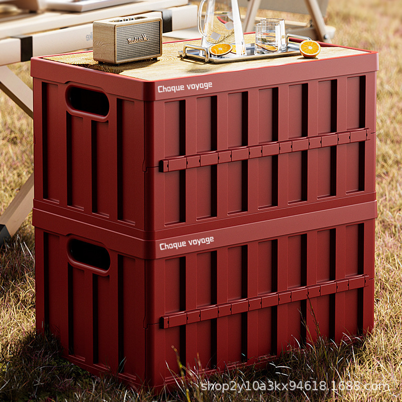 Camping Storage Box with Side Opening Wooden Lid, Foldable Box, Car Trunk Storage Box, Plastic Storage Box, Portable Foldable