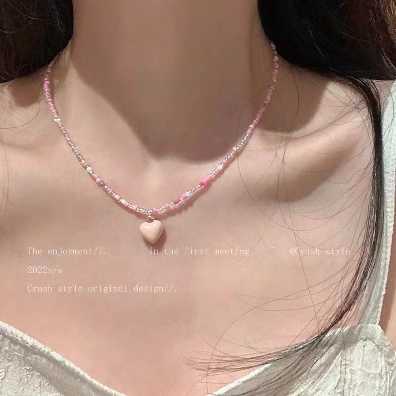 韩版甜美百搭糖果色多巴胺爱心米珠项链串珠少女气质锁骨链女|undefined