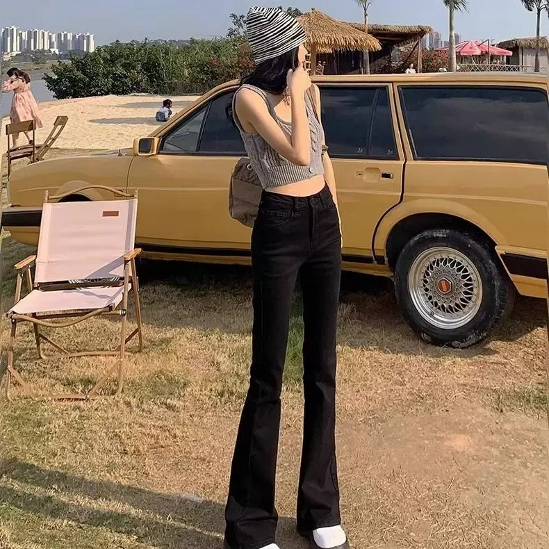 韩式潮牌微喇叭牛仔裤女夏季2025年新款微弹高腰修身显瘦喇叭长裤