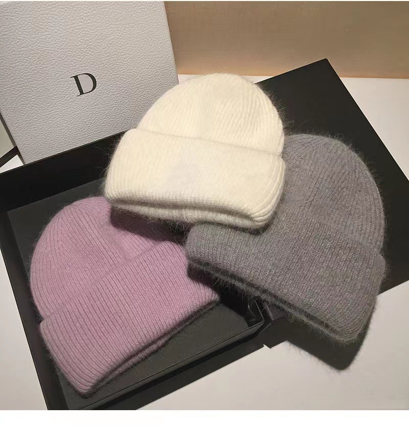 Holiday, Daily Occasion Japanese High-End New Rabbit Fur Knitted Woolen Cap Women's Fashion Autumn Winter Japanese Beanie Hat Thermal Head Cover Knitted Hat