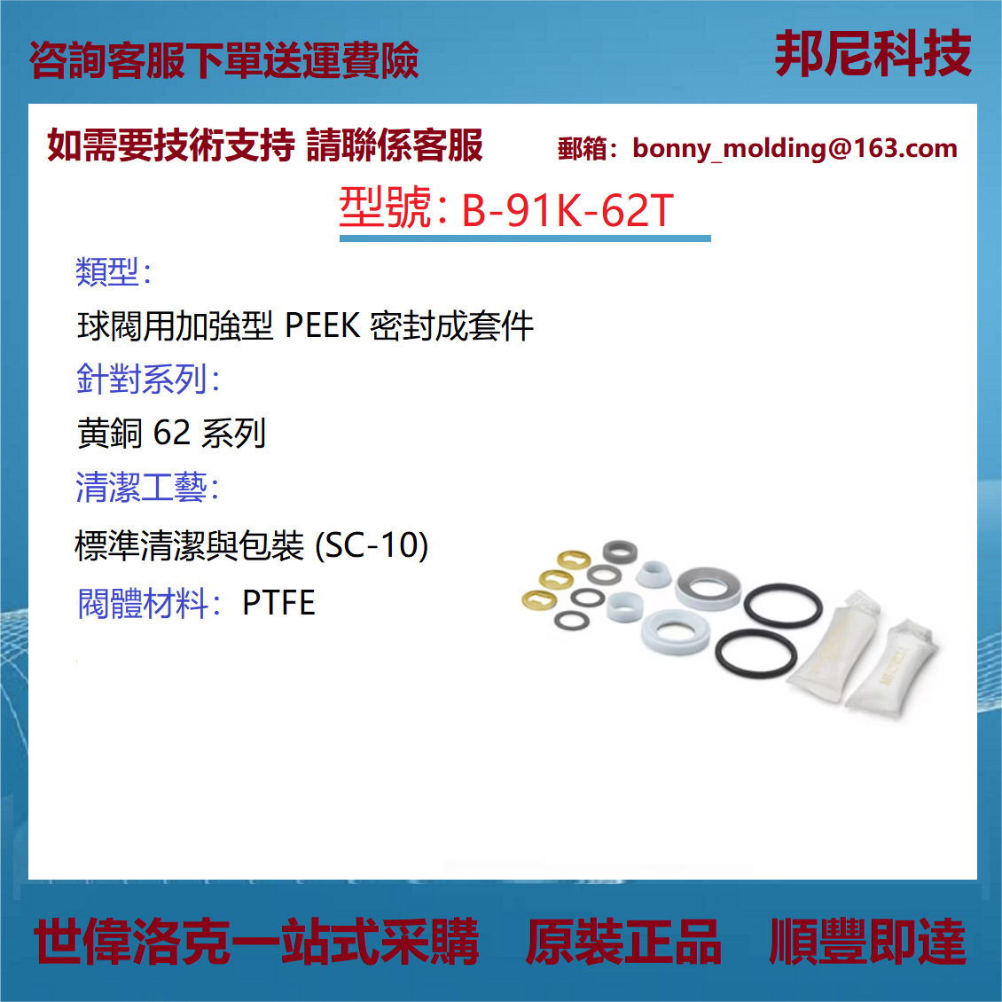 B-91K-62T世伟洛克 黄铜 62 系列球阀用加强型 PEEK 密封成套件